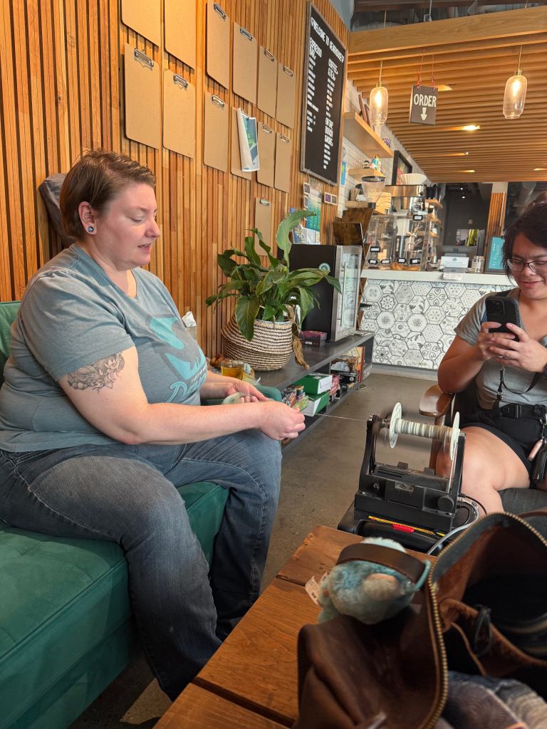 Sarah spinning fiber with an espinner